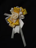 Yellow Polka Dot Ribbon Handmade Rose Boutonniere Rhinestone Clothing Brooch