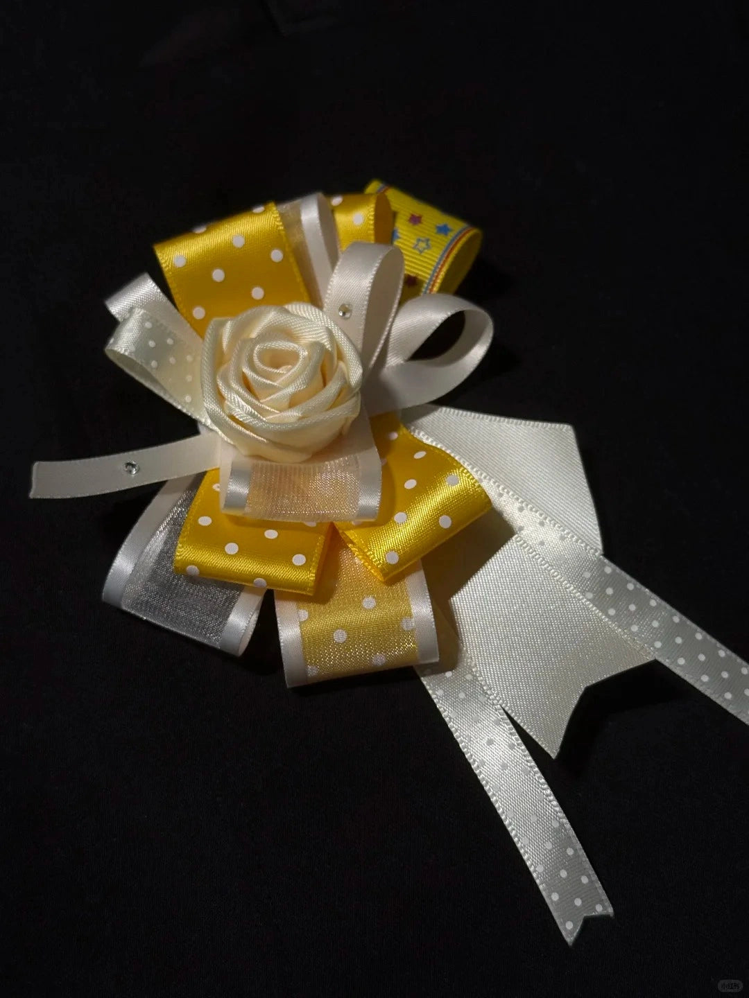 Yellow Polka Dot Ribbon Handmade Rose Boutonniere Rhinestone Clothing Brooch