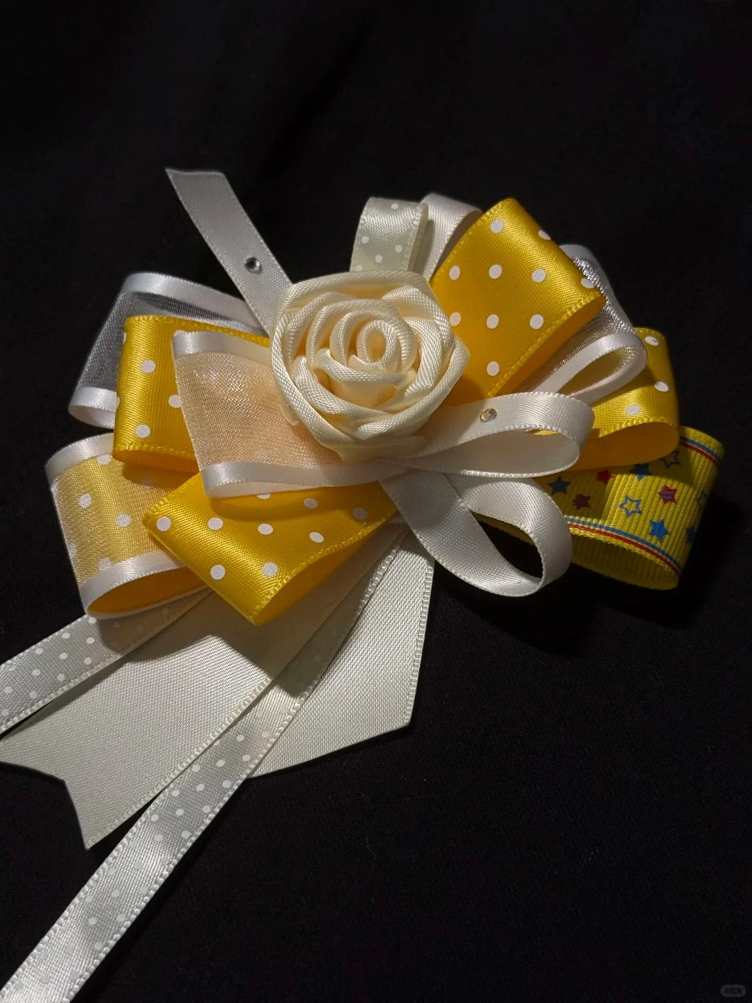 Yellow Polka Dot Ribbon Handmade Rose Boutonniere Rhinestone Clothing Brooch