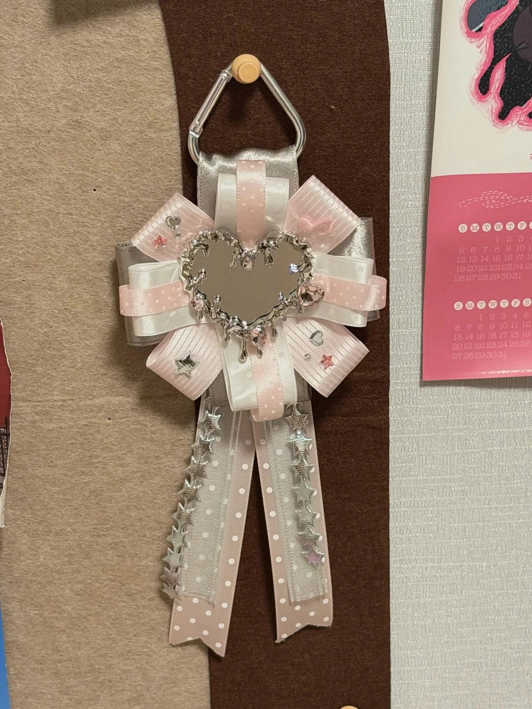 Y2K Pink White Ribbon Heart Mirror Keychain with Star Charms Gothic Cute Bag Pendant