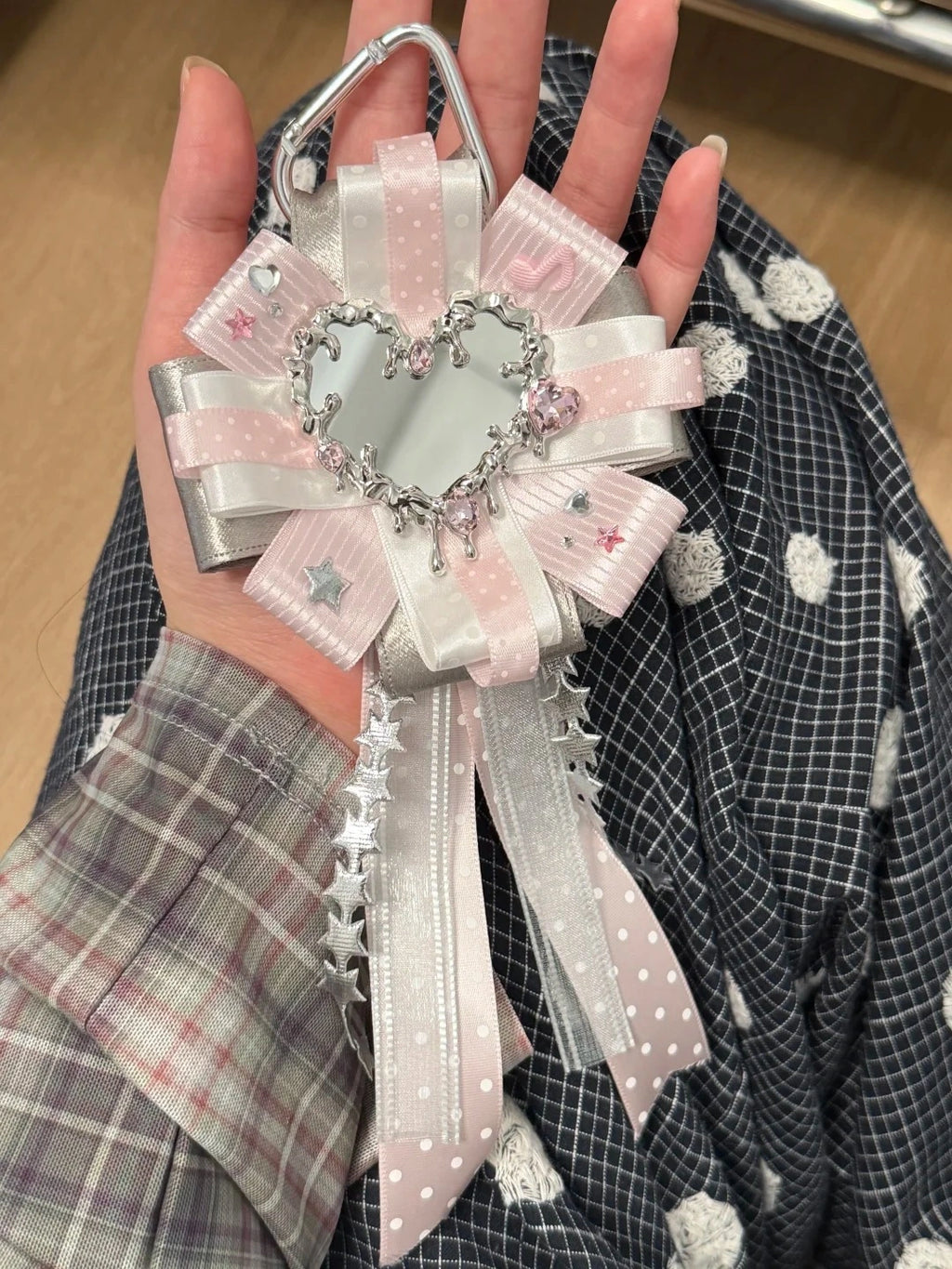 Y2K Pink White Ribbon Heart Mirror Keychain with Star Charms Gothic Cute Bag Pendant