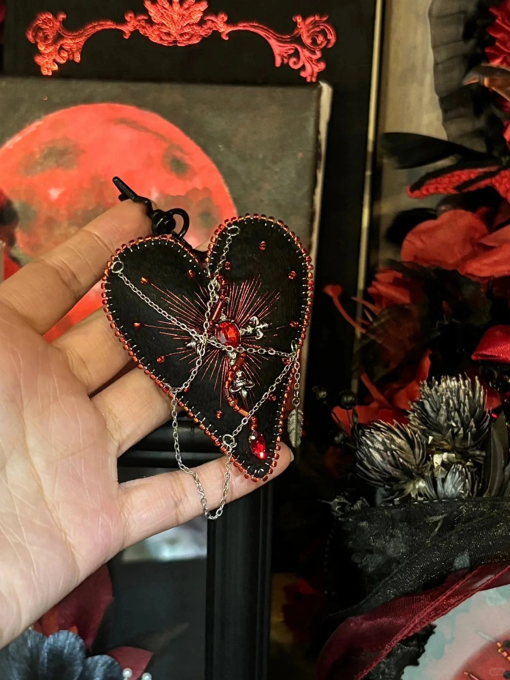 Y2K Vintage Beaded Felt Heart Handmade Bag Hanging Keychain