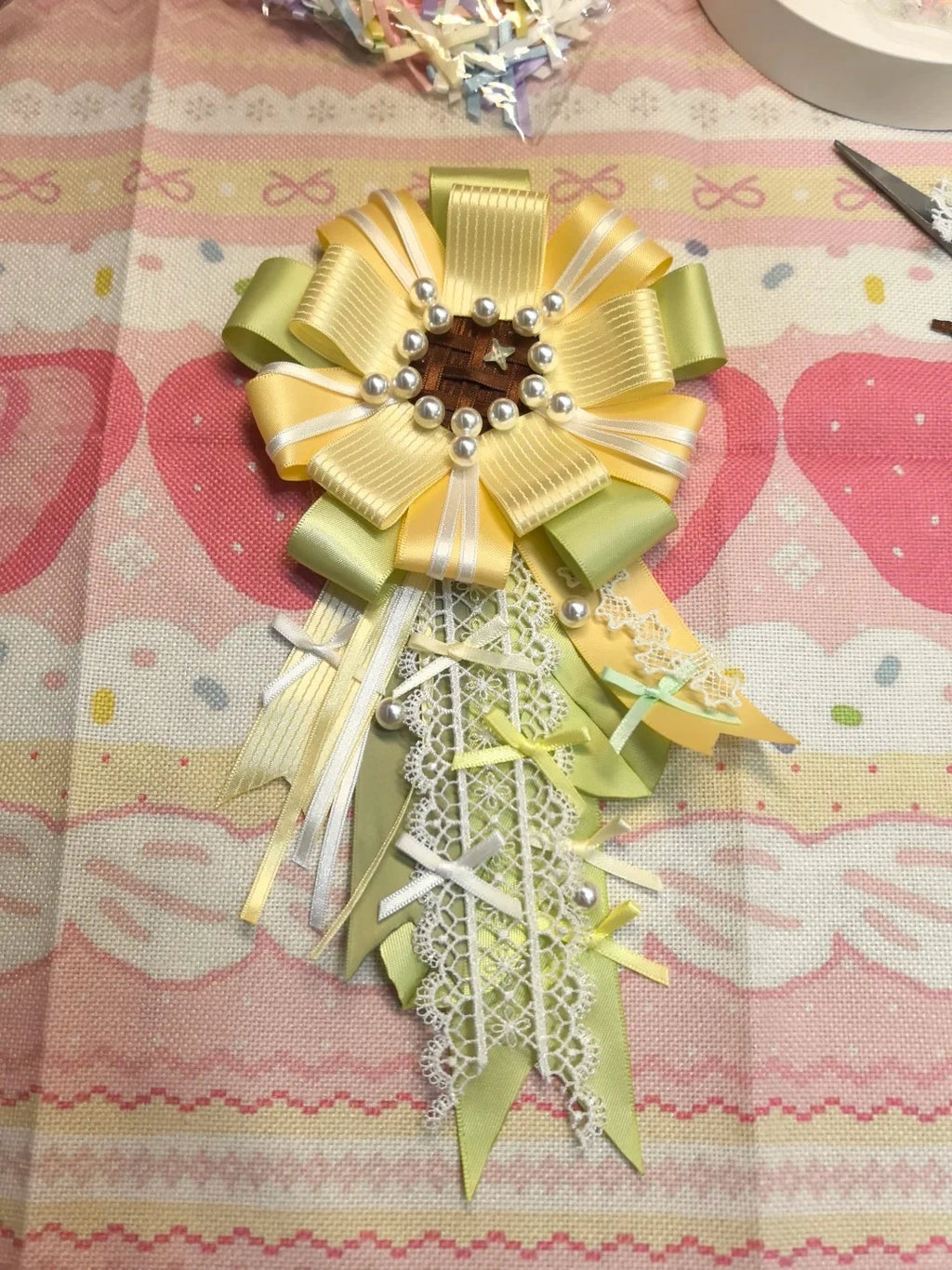 Yellow Sage Green Lace Ribbon Corsage Brooch Pearl Decorated Graduation Wedding Lapel Pin