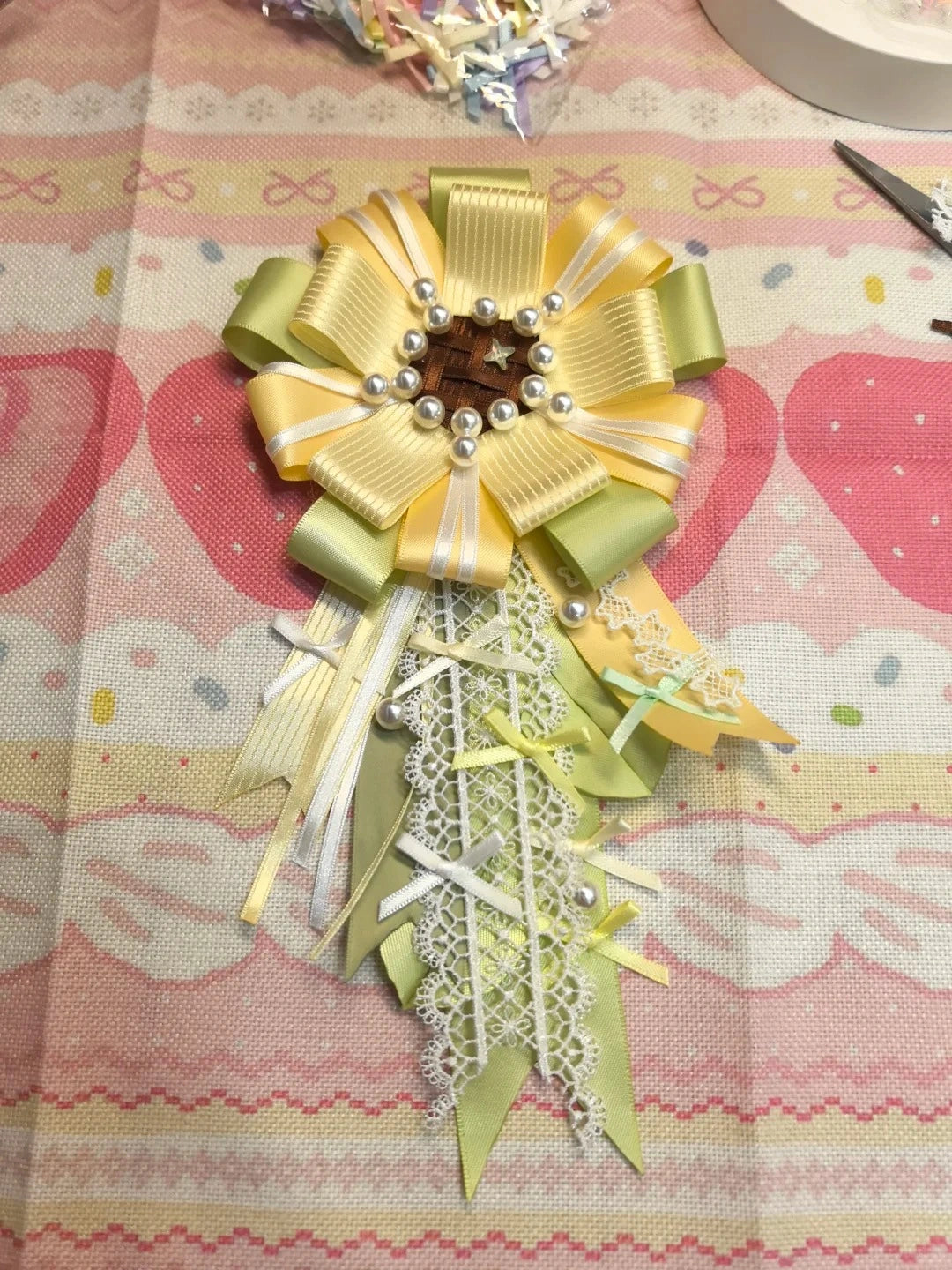 Yellow Sage Green Lace Ribbon Corsage Brooch Pearl Decorated Graduation Wedding Lapel Pin
