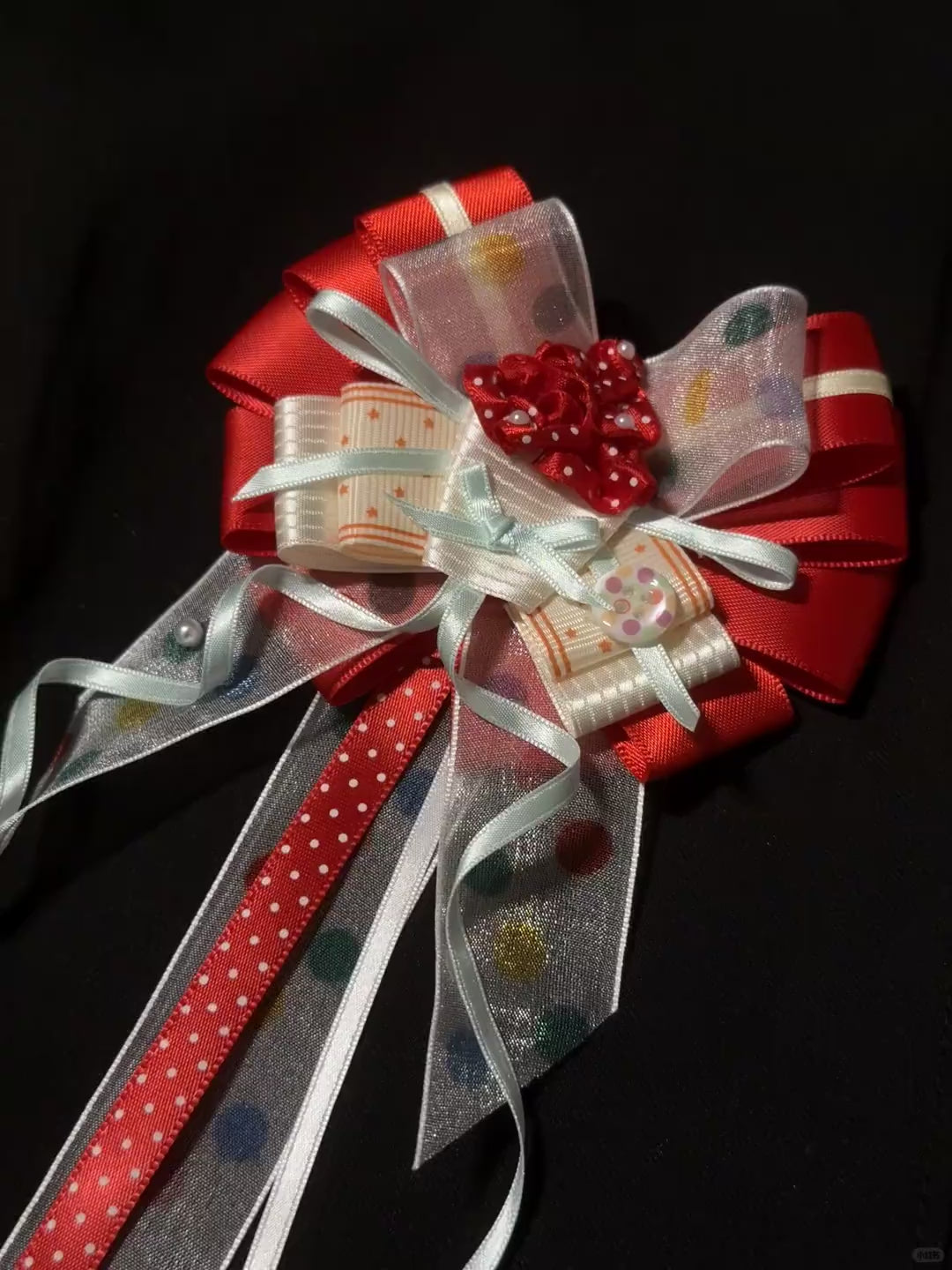 Christmas Red Polka Dot Bow Corsage Brooch Cute Holiday Decorative Lapel Pin