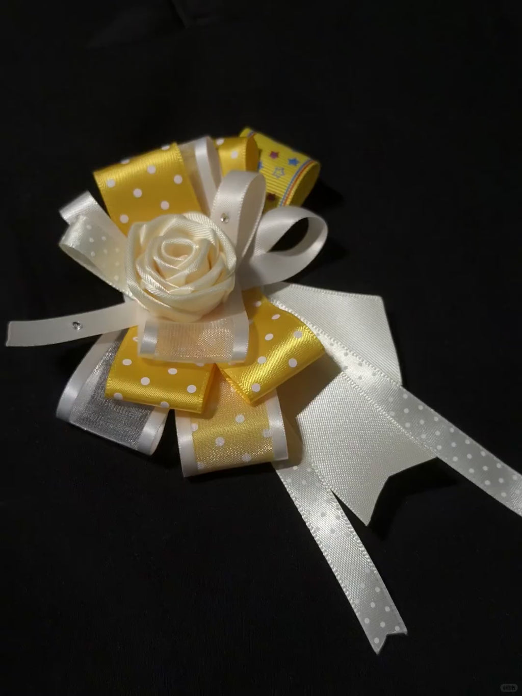 Yellow Polka Dot Ribbon Handmade Rose Boutonniere Rhinestone Clothing Brooch
