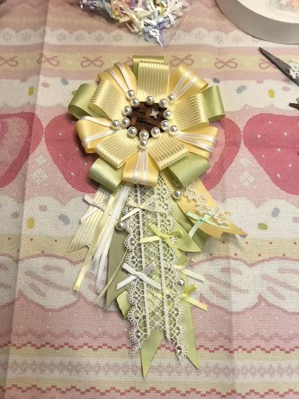 Yellow Sage Green Lace Ribbon Corsage Brooch Pearl Decorated Graduation Wedding Lapel Pin