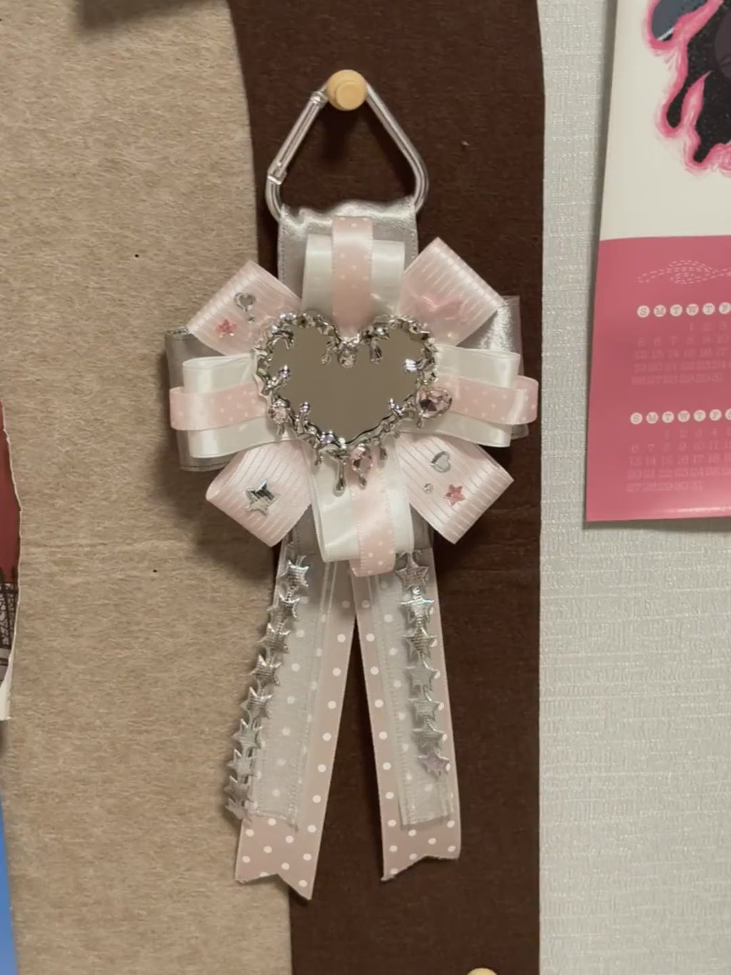 Y2K Pink White Ribbon Heart Mirror Keychain with Star Charms Gothic Cute Bag Pendant